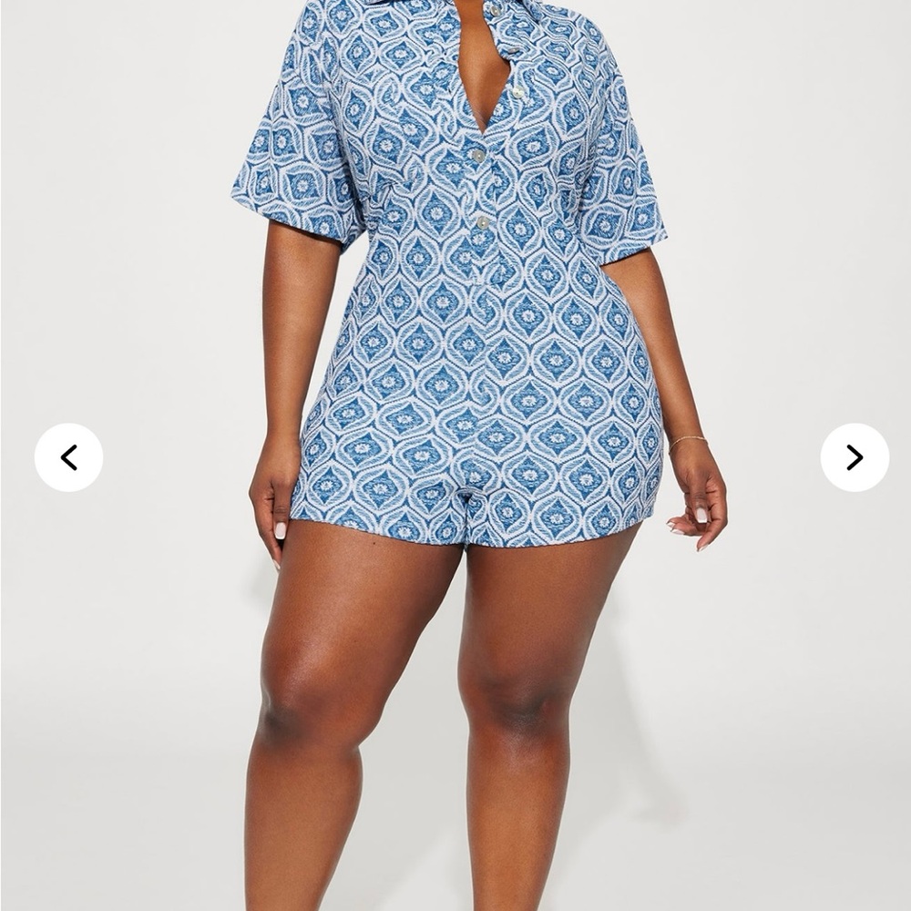 Fashion Nova Blue and White Geometric Jumpsuit